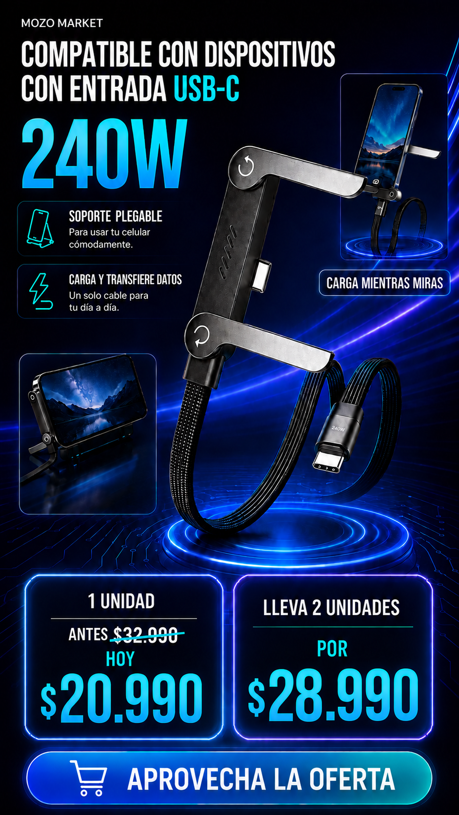 FlexPower™ 240W | Cable USB-C con Soporte Integrado